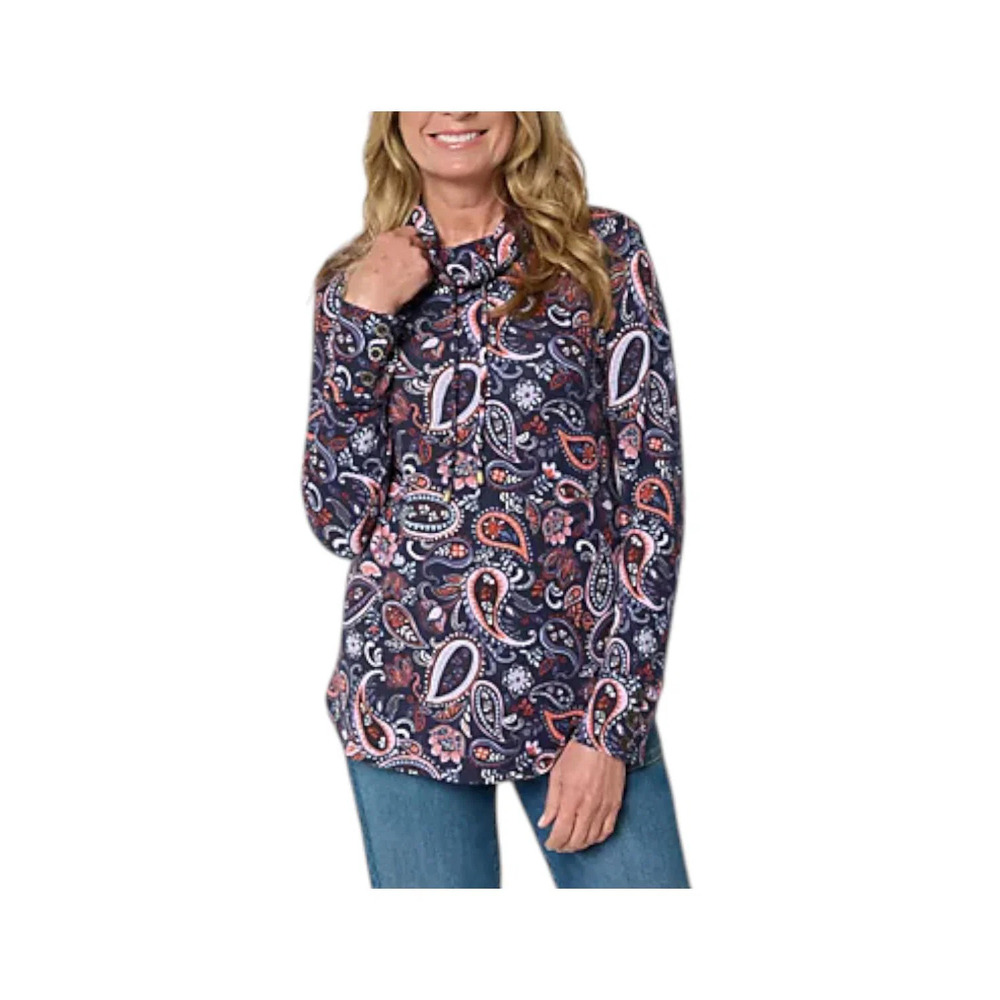 Denim & Co. Women's Heavenly Jersey Funnel Neck Printed Top Navy - Regular